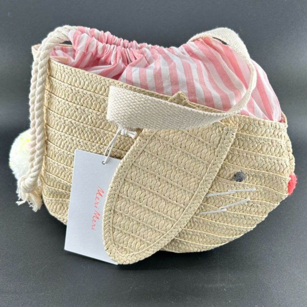 MeriMeri Straw Bunny Purse Cotton Lining Draw Sting Closure12"L x 6.5"H x 5"W - Picture 3 of 9